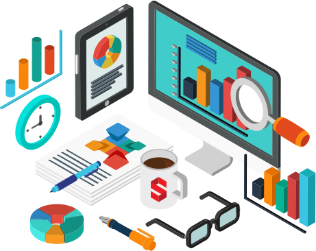 banner-ewp-reports-analytics أشكال تجمع بعض الرسوم البيانية، بجانب أدوات عمل